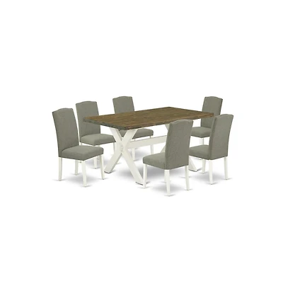 East West Furniture 7-Piece Beautiful Rectangular Dining Room Table Set an Excellent Distressed Jacobean Wood Table Top and 6 Lovely Linen Fabric Pars