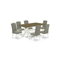 East West Furniture 7-Piece Beautiful Rectangular Dining Room Table Set an Excellent Distressed Jacobean Wood Table Top and 6 Lovely Linen Fabric Pars