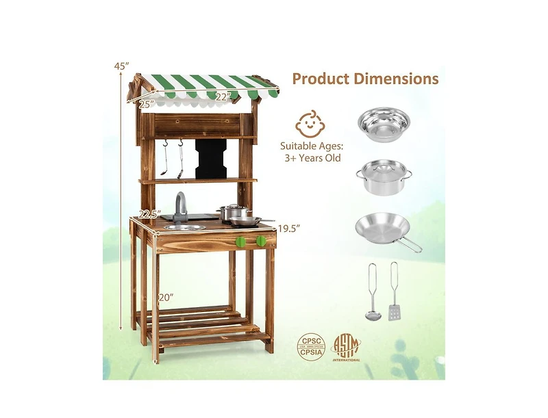 Akiudex Double-Sided Wooden Outdoor Play Kitchen with Grill and Accessories