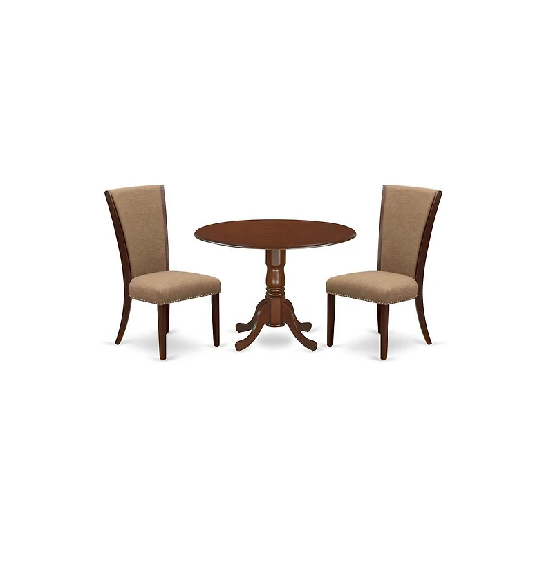East West Furniture dining room table set of two excellent dining chairs with Linen Fabric Light Sable color and a beautiful wooden dining table with
