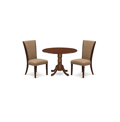 East West Furniture dining room table set of two excellent dining chairs with Linen Fabric Light Sable color and a beautiful wooden dining table with