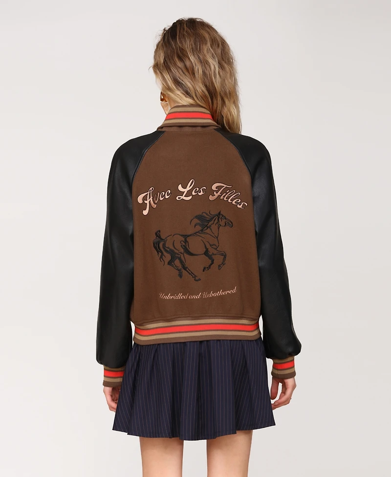 Avec Les Filles Women's Combo Sleeve and Roll Collar Varsity Bomber Jacket