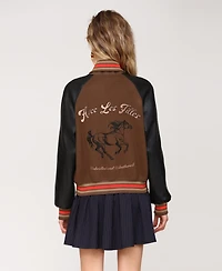 Avec Les Filles Women's Combo Sleeve and Roll Collar Varsity Bomber Jacket