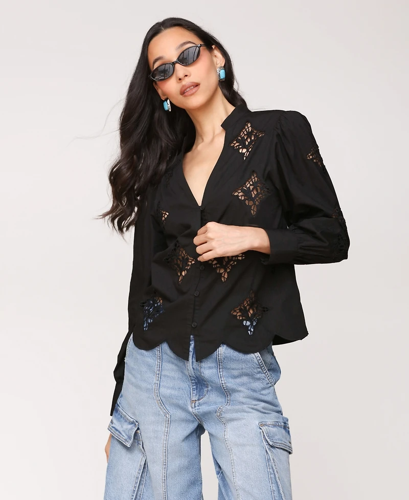 Avec Les Filles Women's Puff Sleeve Cropped Lace Scallop Button Up Blouse