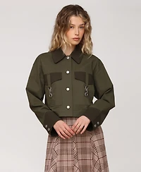 Avec Les Filles Women's Oversized Combo and Clasp Pockets Cropped Trucker Jacket