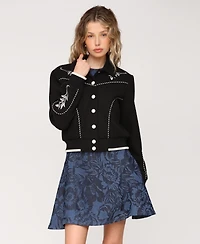 Avec Les Filles Women's Western Bomber Piping and Embroidery Jacket