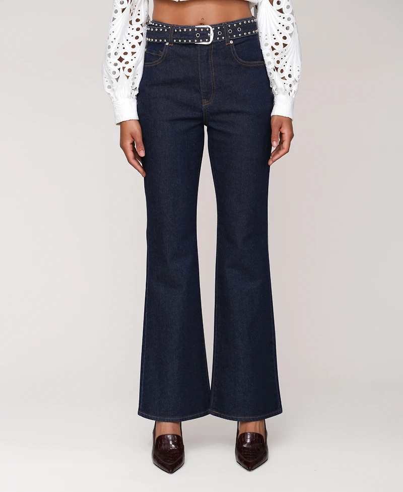Avec Les Filles Women's Studded Belt High Rise Boot Cut Jeans