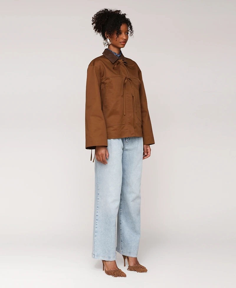 Avec Les Filles Women's Oversized Chore Big Patch Pockets and Bows Jacket