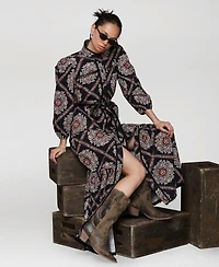 Avec Les Filles Women's Cotton Belted Puffed-Shoulder Dress