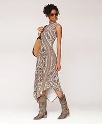 Avec Les Filles Women's Printed Jersey Sleeveless Turtle Neck Midi Dress