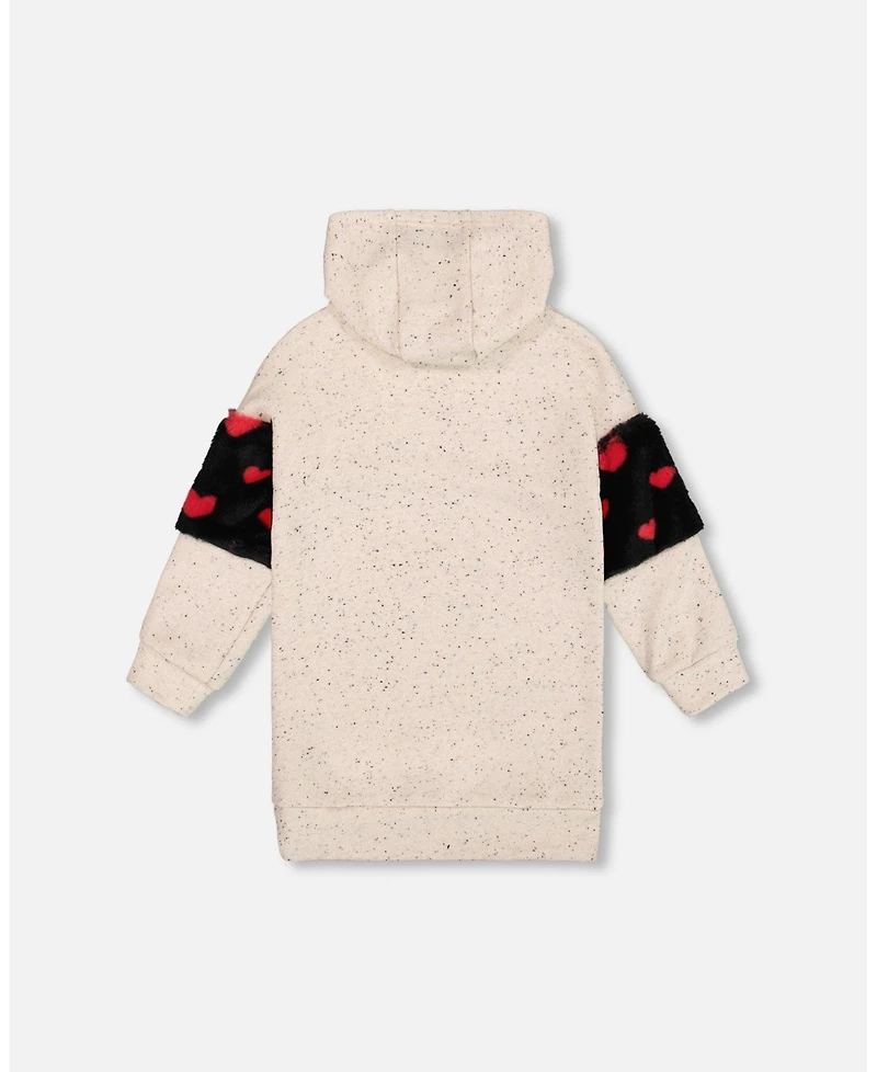 Deux par Girl Hooded Glittering French Terry Dress Beige with Heart Bag - Toddler|Child