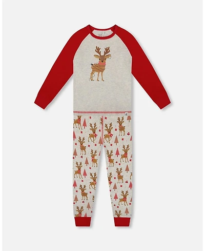 Deux par Girl Cotton Two-Piece Pajamas Beige Girly Reindeer Print