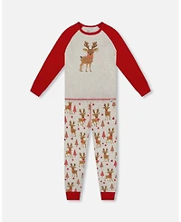 Deux par Girl Cotton Two-Piece Pajamas Beige Girly Reindeer Print