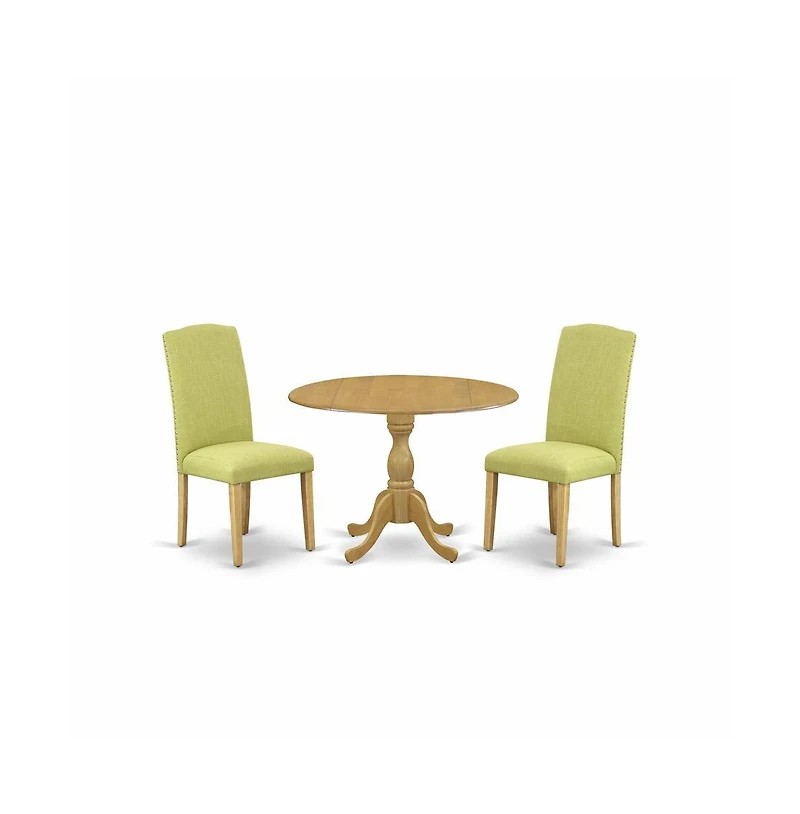 East West Furniture 3 Piece Dining Room Set - Oak Small Dining Table and 2 Limelight Linen Fabric Dining Room Chairs with High Back - Oak Finish