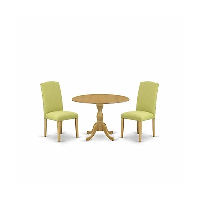 East West Furniture 3 Piece Dining Room Set - Oak Small Dining Table and 2 Limelight Linen Fabric Dining Room Chairs with High Back - Oak Finish