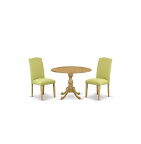 East West Furniture 3 Piece Dining Room Set - Oak Small Dining Table and 2 Limelight Linen Fabric Dining Room Chairs with High Back - Oak Finish