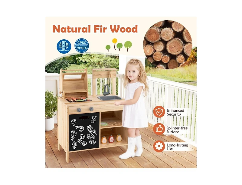 Akiudex Wooden Barbecue Grill Playset with Chalkboard, Sink, and Cabinet