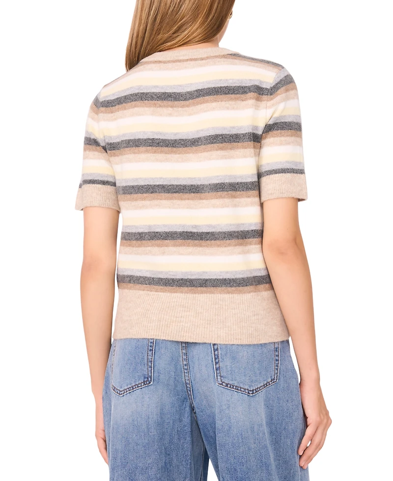 1.state Women's Multi Color Stripe Short Sleeve Crewneck Sweater