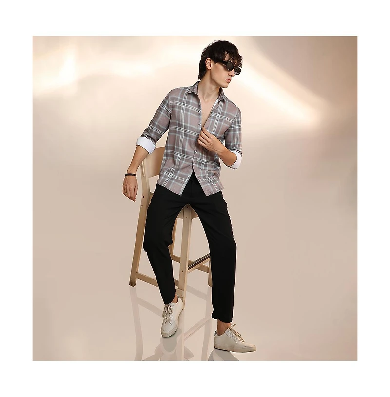 Campus Sutra Men's Nude Pink & Cloud Grey Tartan Plaid Shirt