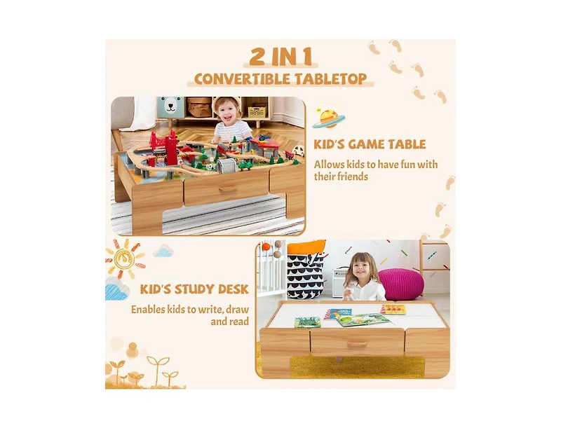 Kids Double-Sided Wooden Train Table Playset with Storage Drawer