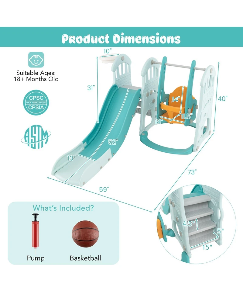 Toddler Slide and Swing Set with Extra-Long Slide, Height Adjustable Swing, Basketball Hoop, and Climber