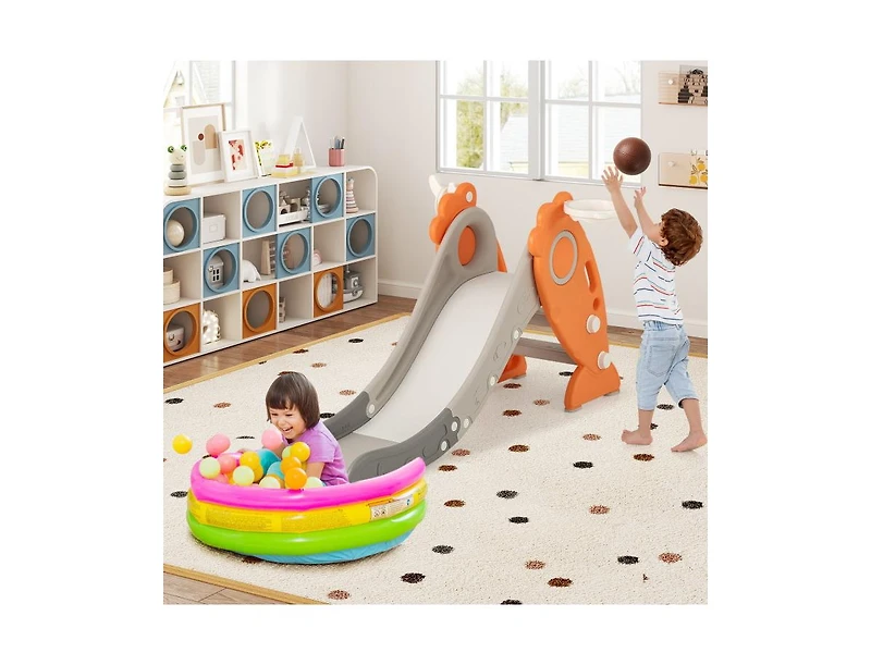 4-in-1 Indoor Slide for Kids Age 3+ with Basketball Hoop and Rings
