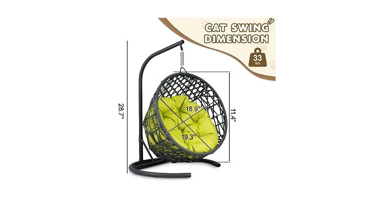 This rattan cat swing bed with cushion and stand provides a cozy swinging space for cats and small pets offering comfort and relaxation indoors