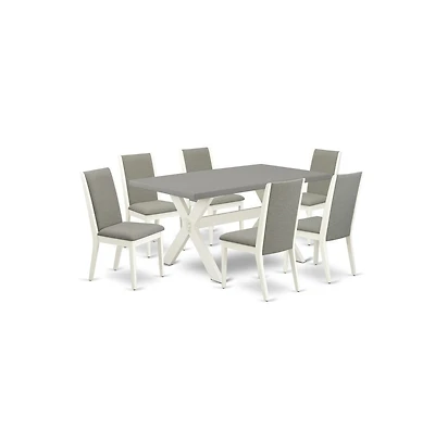 East West Furniture 7-Piece Modern Dining Room Table Set a Good Cement Color Wood Dining Table Top and 6 Wonderful Linen Fabric Kitchen Chairs with St