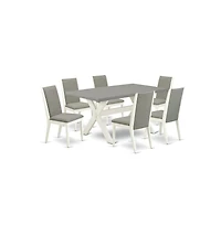 East West Furniture 7-Piece Modern Dining Room Table Set a Good Cement Color Wood Dining Table Top and 6 Wonderful Linen Fabric Kitchen Chairs with St