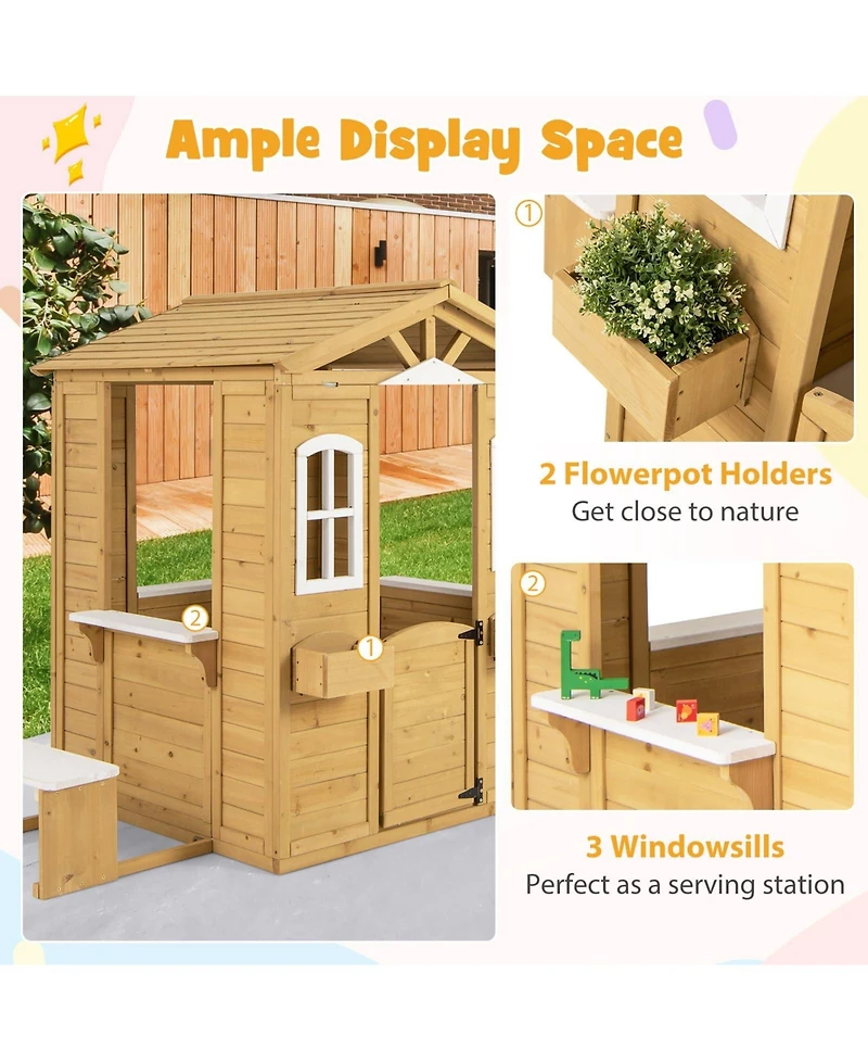 Wood Playhouse with Bench and Serving Stations for 2+ Years Old Kids