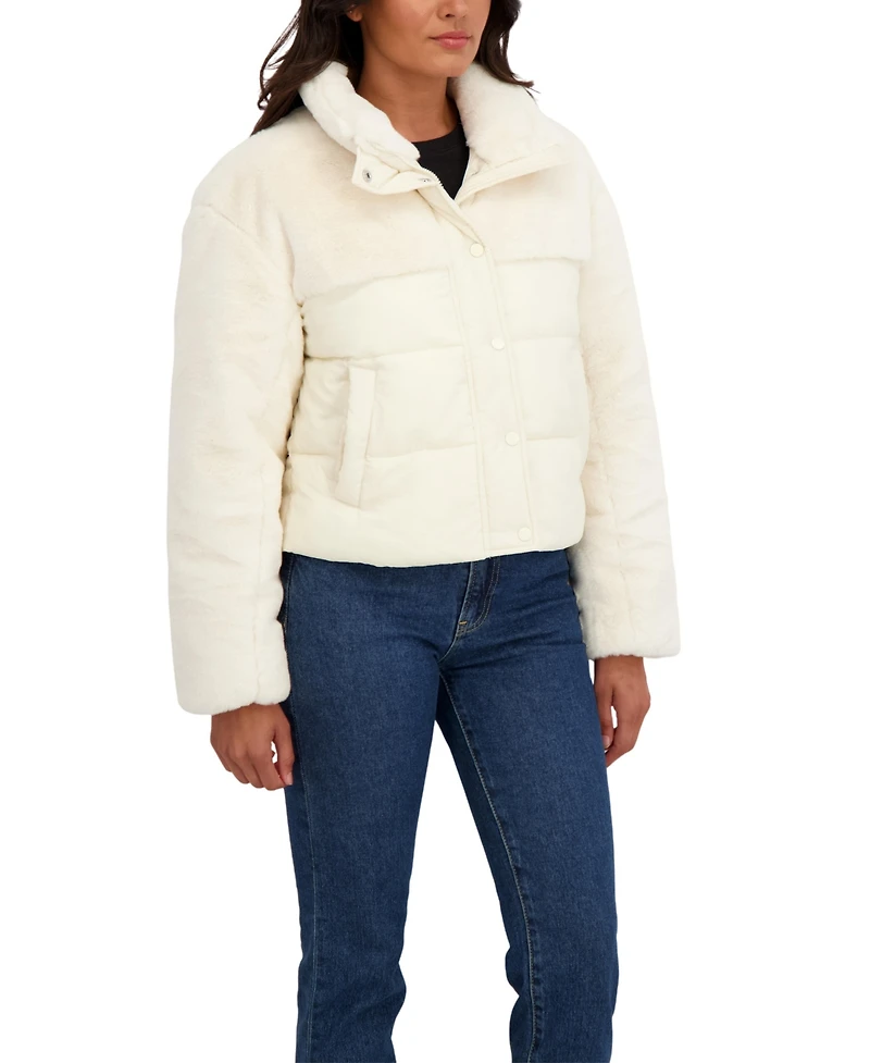 Sebby Collection Women's Short Mix Media Puffer Jacket