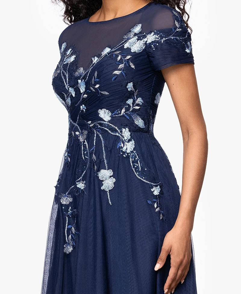 Betsy & Adam Women's Long Mesh Sequin Embroidered Cap Sleeve Dress