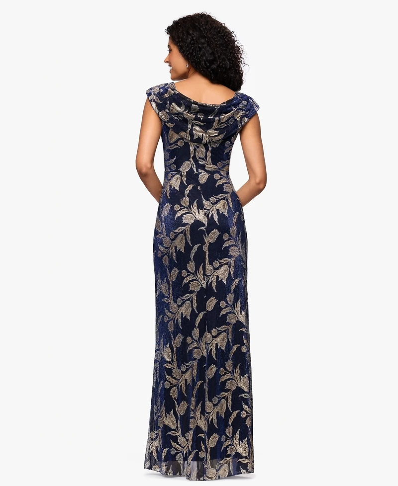Betsy & Adam Women's Long Foil Crinkle Cowl Neck Dress