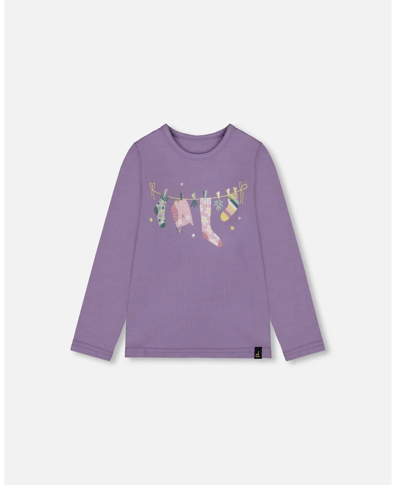 Deux par Big Girls Cotton Jersey Top Purple Gray with Owl