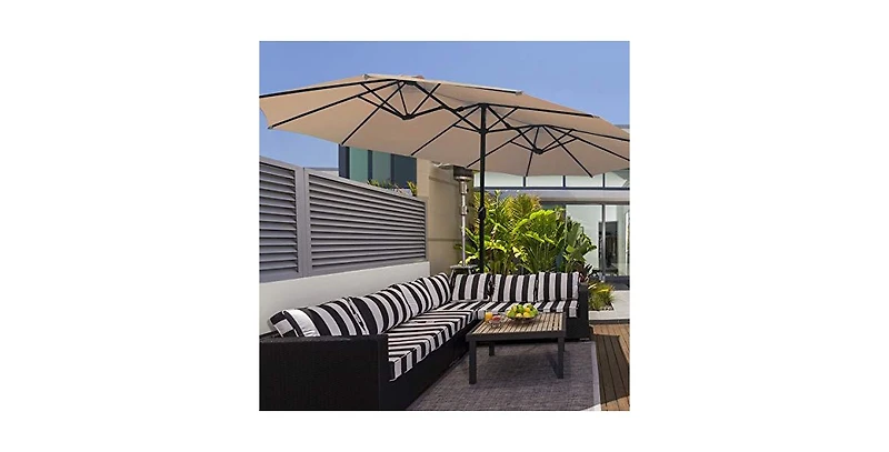 15 Feet Double-Sided Twin Patio Umbrella with Crank and Base