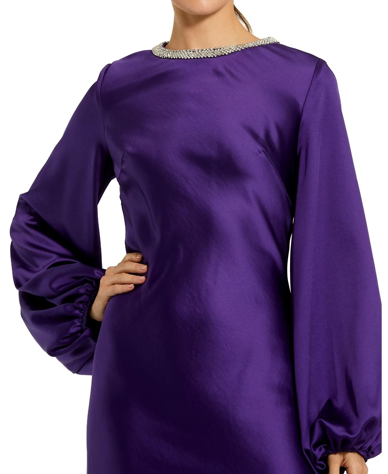 Mac Duggal Women's High Neck Long Sleeve Crystal Detail Dress
