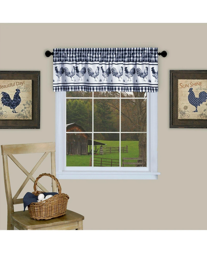 Kate Aurora Lightweight Plaid Country Farmhouse Rooster Window Rod Pocket Curtain Valance - Navy
