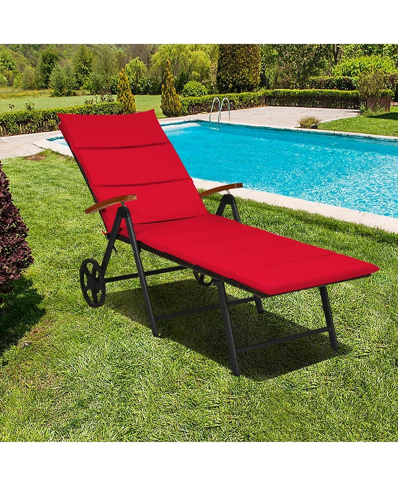 Gymax Folding Patio Rattan Lounge Chair Chaise Aluminum W/ Wheel & Red Cushion