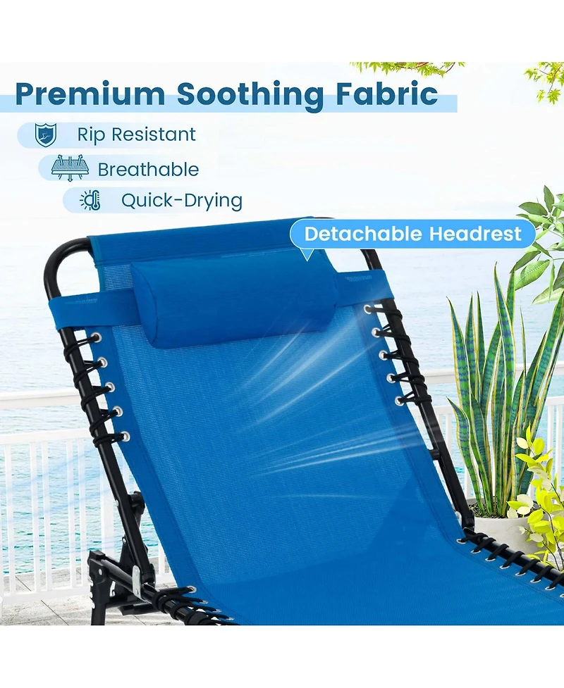 Gymax 2 Pcs Folding Chaise Lounge Portable Lay Flat Reclining Chair w/ 4-Level Backrest Side Pocket