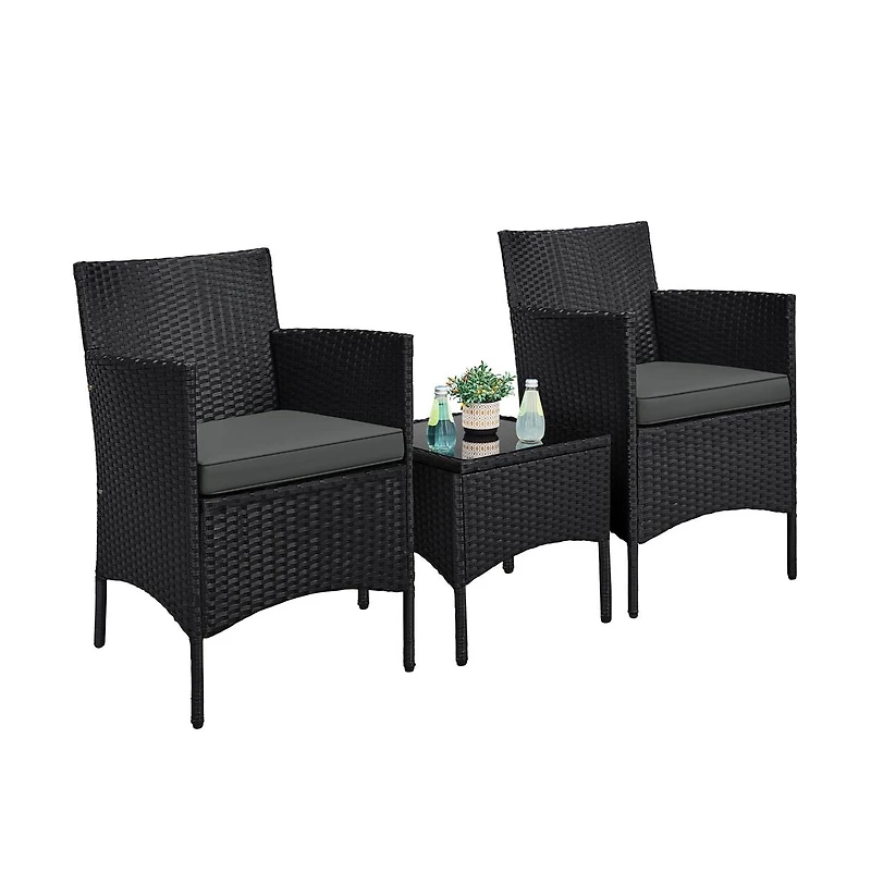 Yaheetech 3-Piece Rattan Furniture Set with 2-Piece Woven Rattan Chairs with Cushions & 1 Side Table, Black/Gray