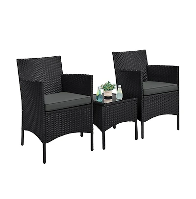 Yaheetech 3-Piece Rattan Furniture Set with 2-Piece Woven Rattan Chairs with Cushions & 1 Side Table, Black/Gray