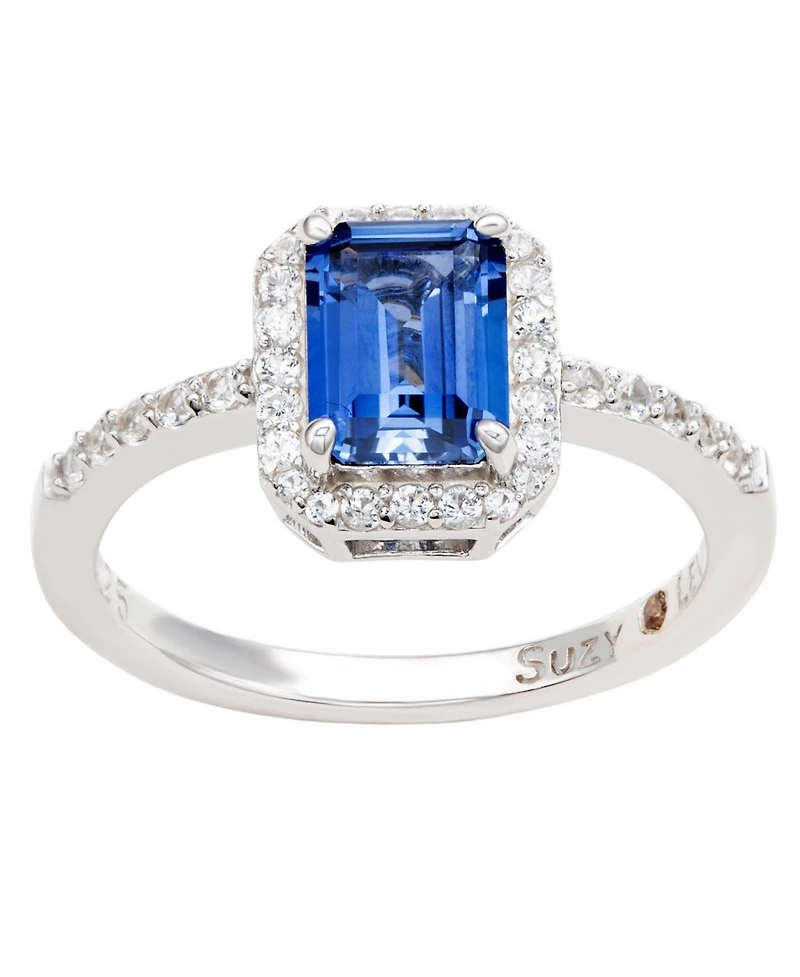 Suzy Levian Sterling Silver Emerald Cut Sapphire & Created White Halo Ring