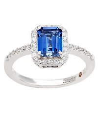 Suzy Levian Sterling Silver Emerald Cut Sapphire & Created White Halo Ring