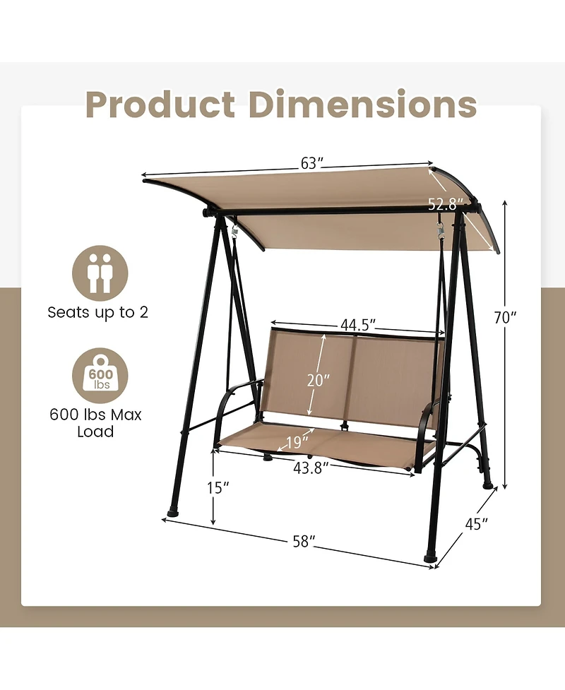 Gymax 2-Person Patio Swing Seat Bench Canopy Loveseat Outdoor