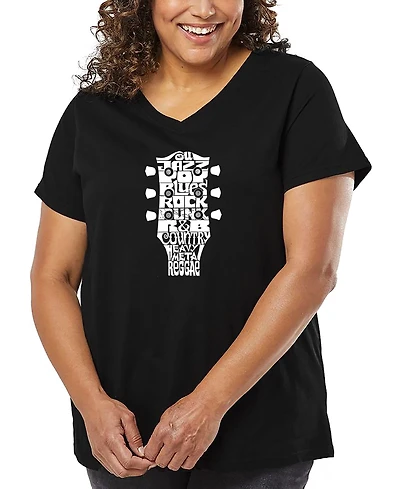 La Pop Art Plus Guitar Head Music Genres Word V-Neck T-Shirt
