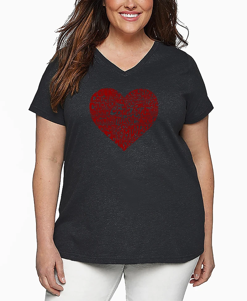 La Pop Art Plus Country Music Heart Word V-Neck T-Shirt