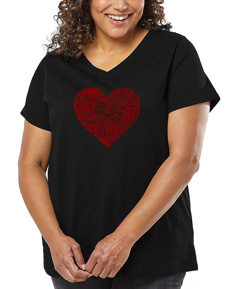 La Pop Art Plus Country Music Heart Word V-Neck T-Shirt