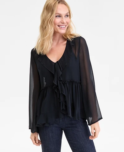 I.n.c. International Concepts Women's Printed Ruffle-Collar Top