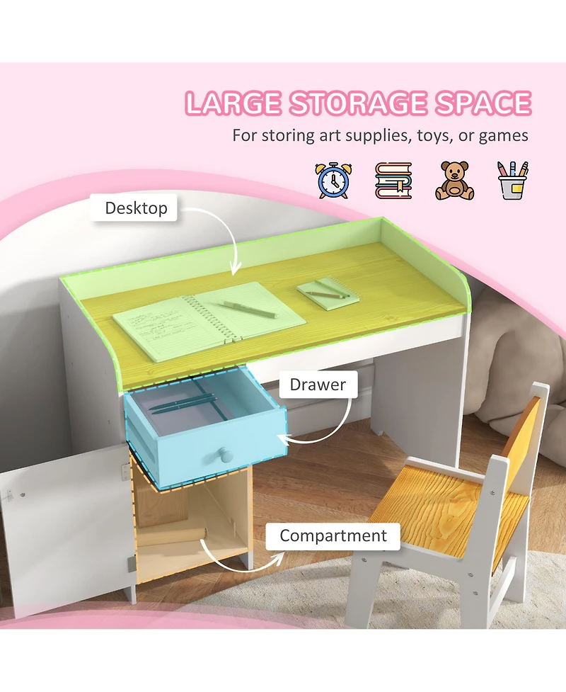 Qaba Kids Desk and Chair Set with Storage Drawer, Study Desk with Chair for Children for Arts & Crafts, Snack Time, Homeschooling, Homework, White