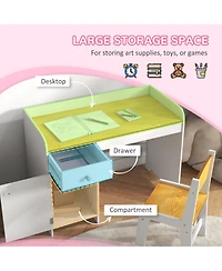 Qaba Kids Desk and Chair Set with Storage Drawer, Study Desk with Chair for Children for Arts & Crafts, Snack Time, Homeschooling, Homework, White
